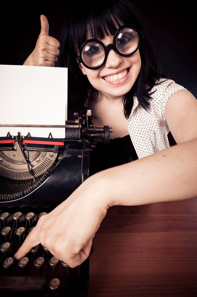 Funny Female Nerd With Typewriter - Foto, Bild