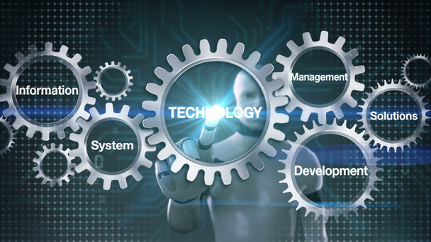 Gear with keyword, information management development system, solutions. Robot, cyborg touching 'Technology'  - Πλάνα, βίντεο