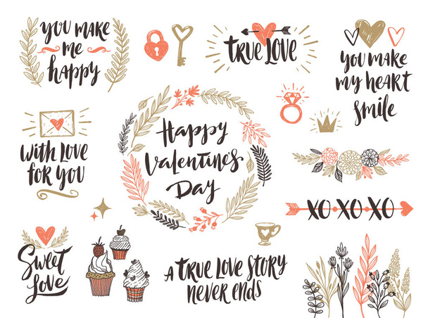 Valentine's day hand drawn calligraphy and illustration vector set - Vettoriali, immagini