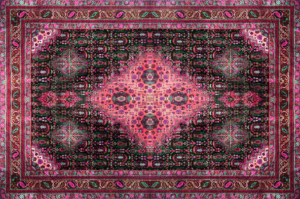 Perzisch tapijt textuur, abstract ornament. Rhombus mandala patroon, Midden-Oosten traditionele stof textuur. Rode kastanjebruine oranje bruin Limoen geel violet roze paars goud afgezwakt, handig als achtergrond - Foto, afbeelding