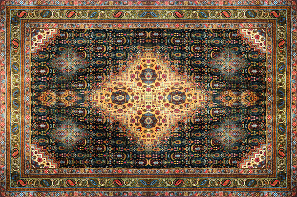 persischer Teppich, abstraktes Ornament. Rauten-Mandala-Muster, mittelöstliche Textur aus traditionellem Stoff. rotbraun orange braun lindgelb violett rosa lila gold getönt, nützlich als Hintergrund - Foto, Bild