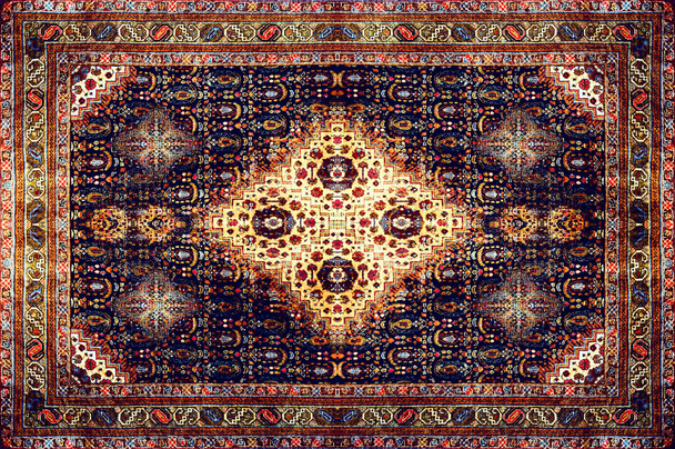 Persian Carpet Texture, abstract ornament. Rhombus mandala pattern, Middle Eastern Traditional Fabric Texture. Red maroon orange brown lime yellow violet pink purple gold toned, useful as background - Photo, Image