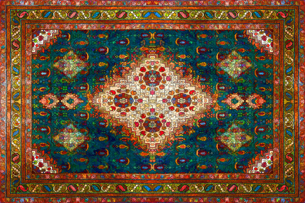 Perský koberec textura, abstraktní ornament. Rhombus mandala vzorek, Středovýchodní tradiční textilie textura. Červená kaštanové oranžové hnědý žlutozelená žlutá fialové růžové fialové zlato tónovaný, užitečná jako pozadí - Fotografie, Obrázek