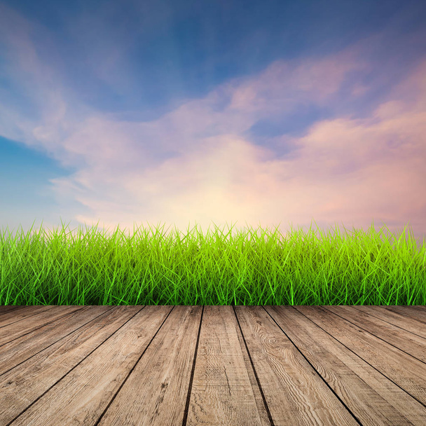 wooden floor with green grass - Photo, Image