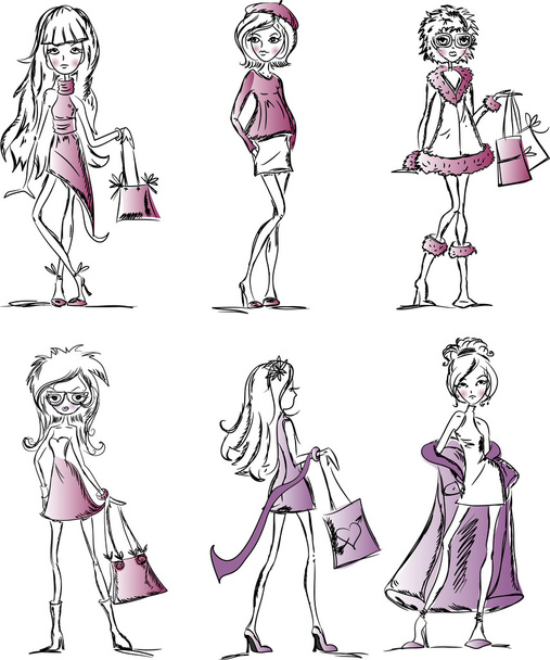 Cartoon fashionable girls - Vector, Image
