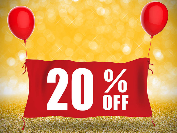 20% Rabatt auf Banner auf rotem Tuch mit roten Luftballons - Foto, Bild
