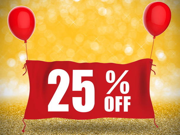 25%off banner on red cloth with red balloons - Photo, Image