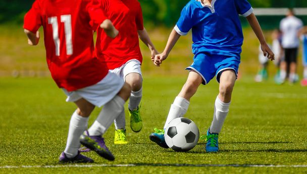 Kinderen spelen voetbal sport op natuurgrasveld. De jongens in blauwe en rode Voetbaltrui bal schoppen op gras. Voetbalwedstrijd voor Kids - Foto, afbeelding