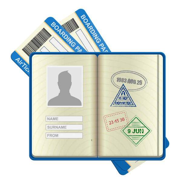 Passaporte estrangeiro aberto e bilhetes de avião
 - Vetor, Imagem