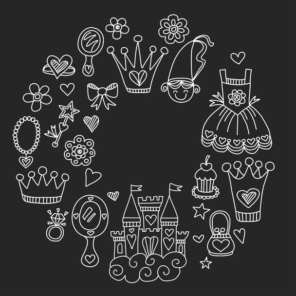 Princess Doodle icons For baby shower, toy shop - Διάνυσμα, εικόνα