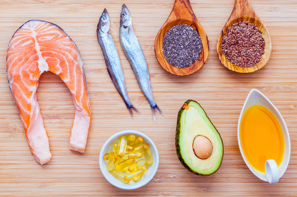 Výběr potravinové zdroje omega-3 a nenasycených tuků. Super fo - Fotografie, Obrázek