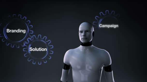 Gear με λέξη κλειδί, Branding, Λύση, Πελάτες, Εκστρατεία, Επιτυχία, Robot Cyborg οθόνη αφής "MARKETING PLAN' - Πλάνα, βίντεο