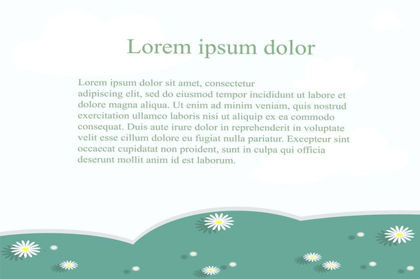 Background with landscape below on white. Green hills, valley with white daisies lorem ipsum. Modern flat design, design element, vector - Вектор,изображение