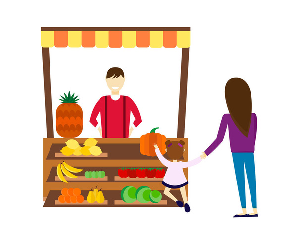 Vendedor de rua com stall frutas e legumes ilustração vetor
. - Vetor, Imagem