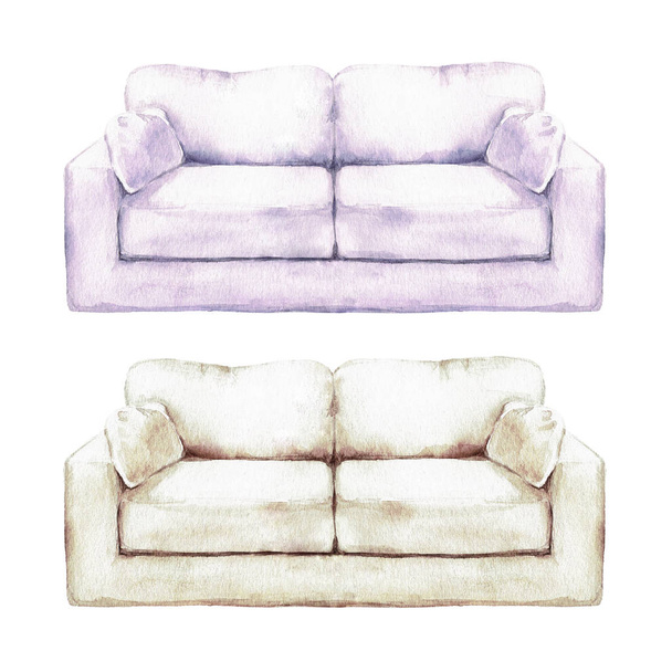 Фіолетовий і бежевих диван - аквареллю ілюстрація. - Фото, зображення