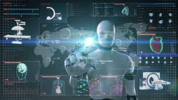 Robot, cyborg, dotykając świata medycznego pracowników służby zdrowia na świecie, zdalna diagnostyka i leczenie, telemedycyny w panel cyfrowy wyświetlacz, interfejs użytkownika. - Materiał filmowy, wideo