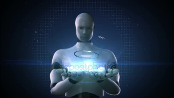 Roboter Cyborg öffnen zwei Handflächen, Wissenschaftslabor, dna, Experiment, Gentechnik - Filmmaterial, Video
