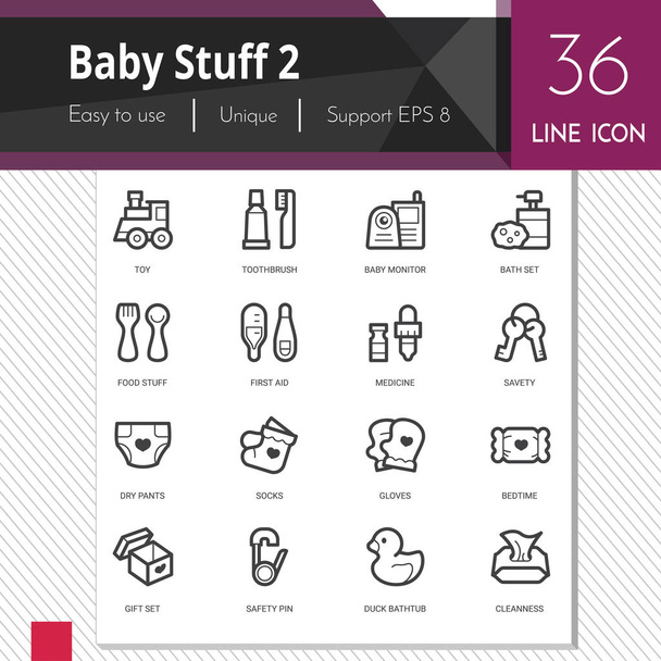 Baby spullen elementen vector icons set 2 op witte achtergrond. Premium kwaliteit overzicht symbool collectie. Lijn vector logo concept, webafbeeldingen. - Vector, afbeelding