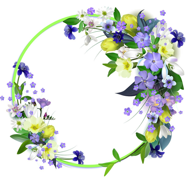 spring primroses card with space for text in a round frame. spri - Vector, Image