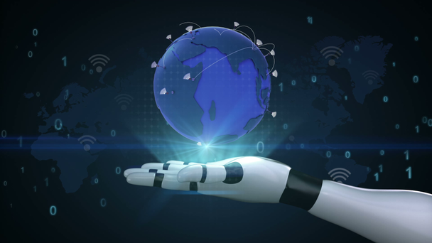 Καλλιέργεια παγκόσμιο δίκτυο με wi-fi ανακοίνωση, Παγκόσμιος Χάρτης, τη γη σε ρομπότ cyborg παλάμη, το χέρι, το βραχίονα ρομπότ - Πλάνα, βίντεο