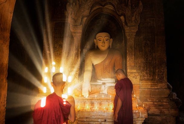 Joven monje budista están leyendo con luz solar
 - Foto, imagen