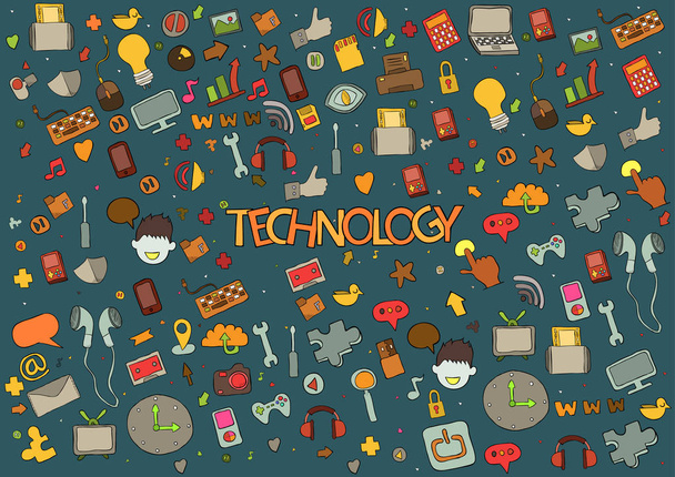 Technologie-Hintergrund mit Medien-Ikonen-Schriftzug und Doodle - Vektor, Bild