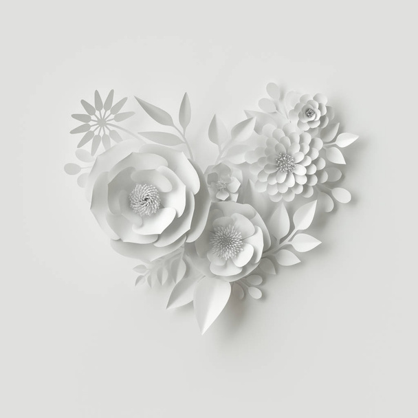 3d render, digital illustration, white paper flowers, floral background, wedding card - Foto, Imagem