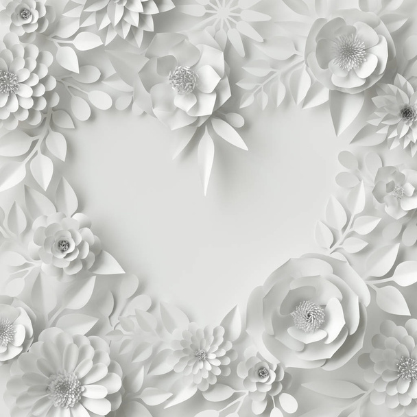 3d render, digital illustration, white paper flowers, floral background, wedding card - Фото, зображення