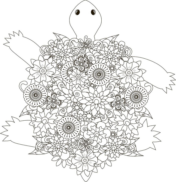 Bloemen schildpad kleurplaat pagina Antistress voorraad vectorillustratie - Vector, afbeelding