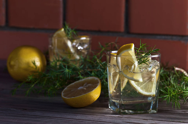 Ginebra con rama de limón, hielo y enebro
  - Foto, imagen