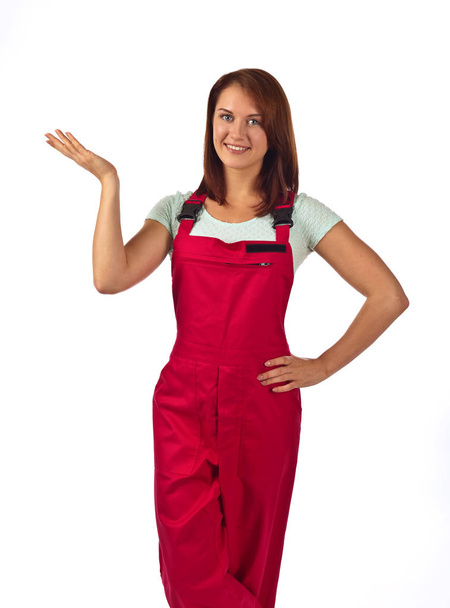  woman in red overalls  , isolated on white - Fotoğraf, Görsel