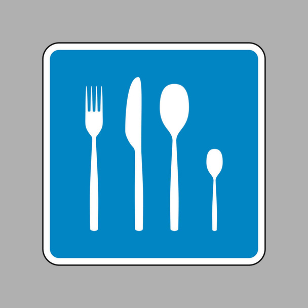 Fork spoon and knife sign. White icon on blue sign as background - Vector, Image