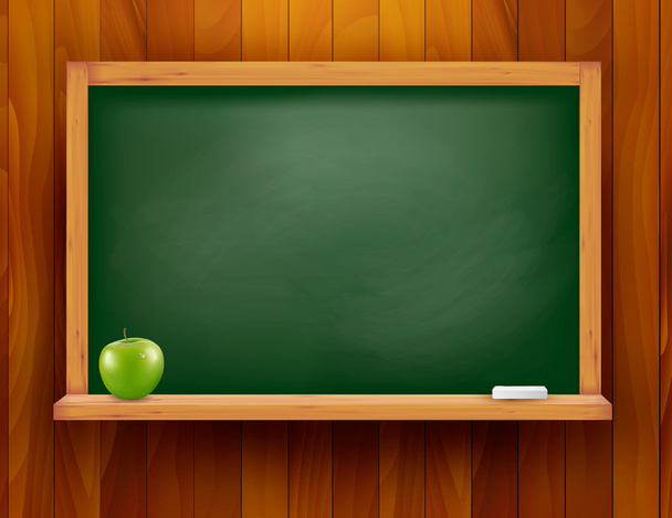 Blackboard with green apple on wooden background. Vector illustration. - Vector, imagen