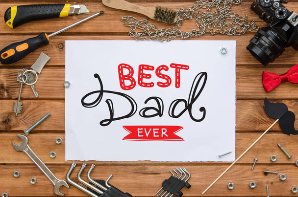 Father's Day flat lay mock up template with hand drawn greeting and tools - Φωτογραφία, εικόνα