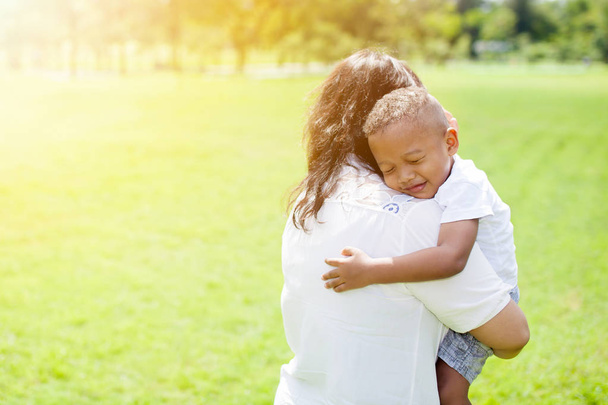 Mother of mixed African American boy carrying her kid in the park - Photo, image