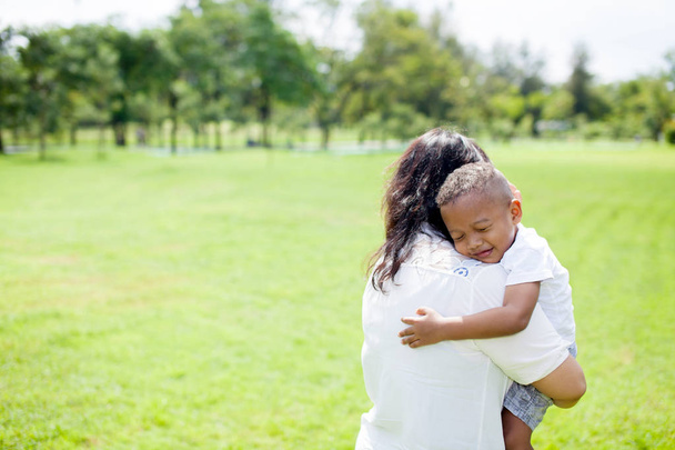 Mother of mixed African American boy carrying her kid in the park - Foto, Imagen