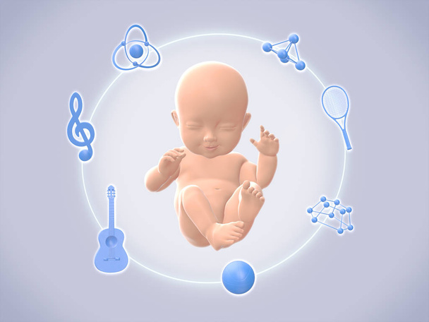 Bebê sorrindo com o símbolo de aprendizagem ao redor do corpo .3D renderização
. - Foto, Imagem
