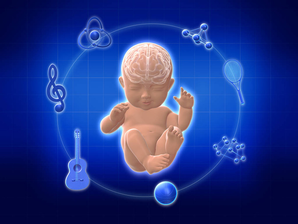 Bebé sonriendo con el símbolo de aprendizaje alrededor del cuerpo .3D representación
. - Foto, imagen