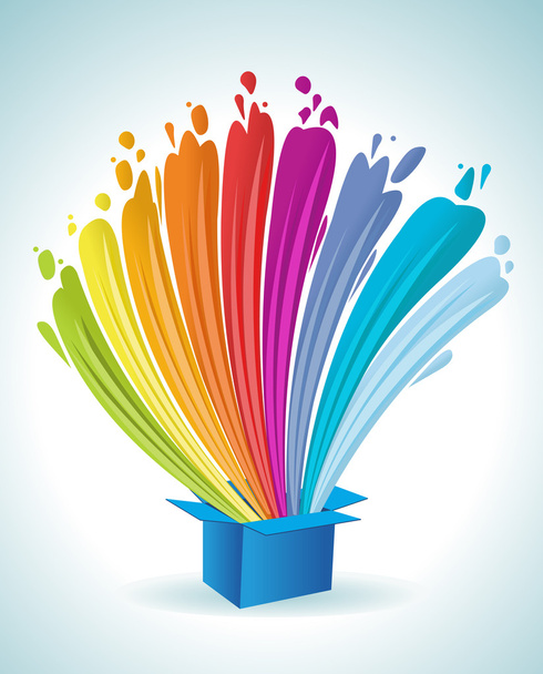 Colorful paint splashing out of a blue box. - Vector, Image