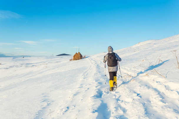 Hiker in winter mountains - 写真・画像