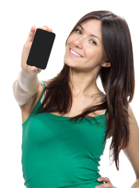 Woman Show display of mobile cell phone - Фото, зображення