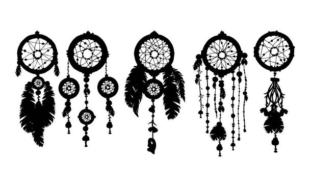 5 dreamcatchers silhouettes with feathers. - Vector, Image