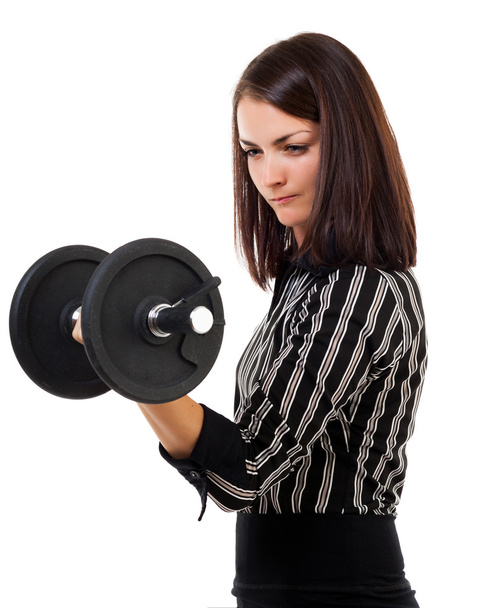 Youngh successful businesswoman with dumbbell - Fotoğraf, Görsel