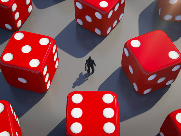 Бізнесмен стоїть з прокатки кубиків навколо, концепція бізнес ризику.3D візуалізація
. - Фото, зображення