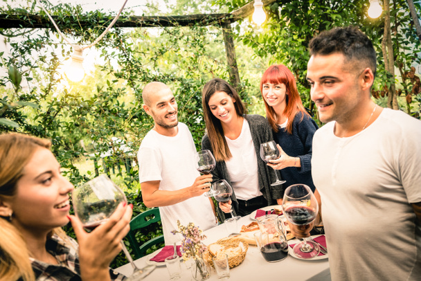 Счастливые друзья, весело пьющие красное вино на вечеринке в саду - Концепция молодости и дружбы вместе на винодельне фермерского хозяйства - Фокус на фоновой молодежи и освещение лампочек
 - Фото, изображение