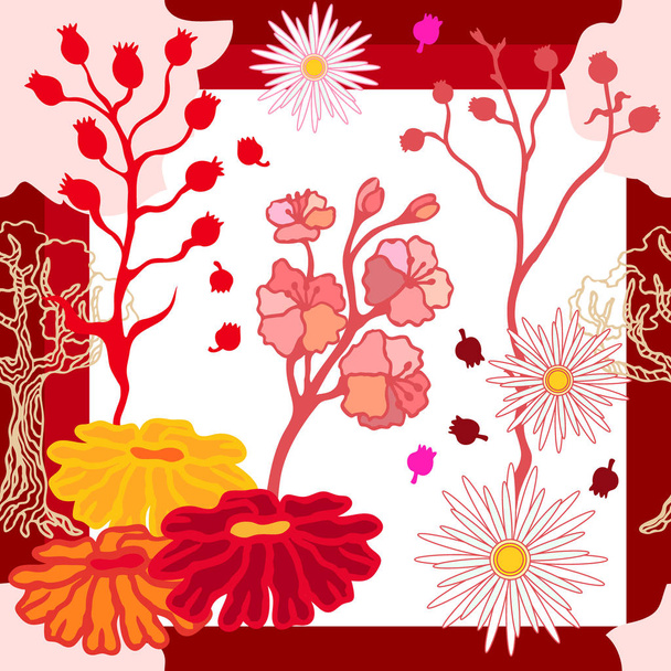 Autumn colors. Silk scarf with blooming fantasy flowers. - Wektor, obraz