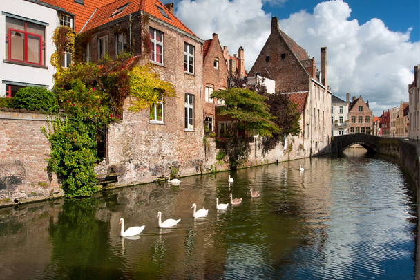 Belgia, brugge. wody kanału colden-handrel w historycznym pa - Zdjęcie, obraz