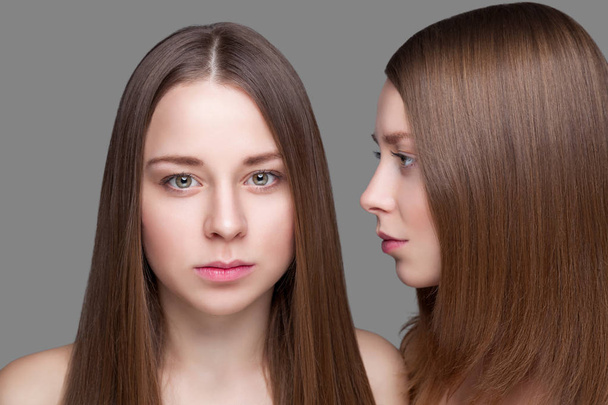 Zwillinge mit perfekter Haut und langen glatten Haaren - Foto, Bild
