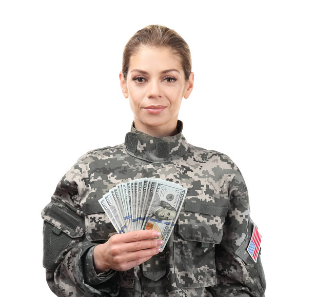 Female soldier with dollar banknotes on white background - Foto, Bild