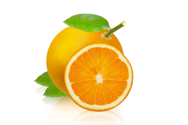 Orange fruit with slice and leaves isolated on white background. - Foto, afbeelding